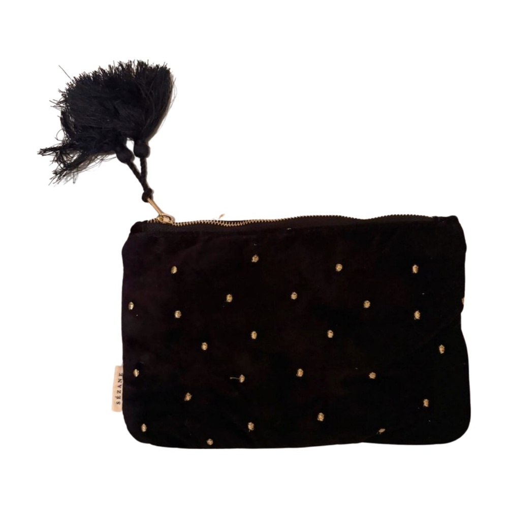 🎉 Sézane Velvet Embroidered Pouch – Black w/ Gold Dots